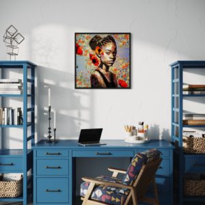 Framed painting of a young black woman. The painting is hanging over a blue desk.