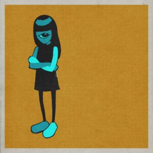 Illustration of a creepy little girl. She only has one large eye for a face. She’s drawn in various shades of blue and black. she stands to the left of a grainy yellow background.