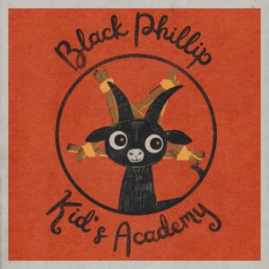 Cute illustration of a little black goat against a wooden pentagram.