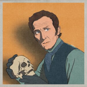 Illustration of Peter Cushiing holding a skull.