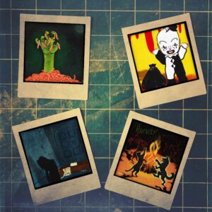 4 mock Polaroids sitting on a grid table. Each Polaroid features an image from the FrightFall 2024 Drawing Challenge