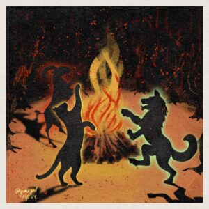 Silhouettes of animals dancing around a fire. They stand on their hind legs.